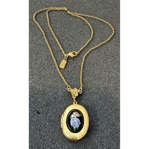 Vintage 1928 Gold Locket Blue Rose Cameo Flower Pendant Necklace 18"